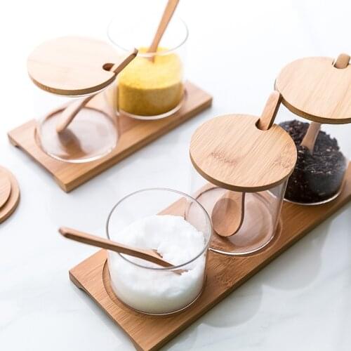 Silicon Glass Bamboo Wood Lid With Spoon Spice Jar Three Pieces Set Kitchen Storage Jar Condiment Seasoning Box
