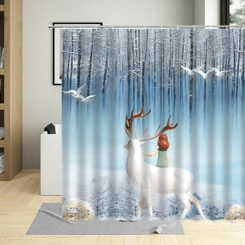 Winter Woods White Deer Pattern Shower Curtain Fantasy Animal Elk Bathroom Decor Polyester Fabric Cloth Curtains With 12 Hooks