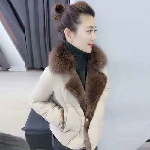 Autumn Plus Fleece Winter Womens Fashion New Short Parka Coat Cotton Jacket Big Fur Collar White Simple Warm Slim Outerwear