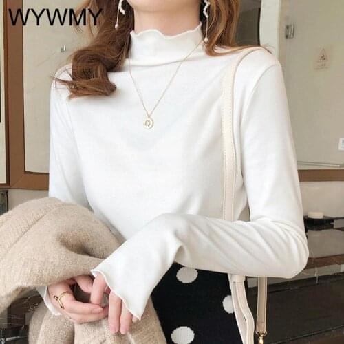 Ruffled Stretch Womens Long Sleeve Tshirt Half Turtleneck Solid Pullovers Slim Fit Warm Bottoming Shirt Tops 2021 Spring Autumn