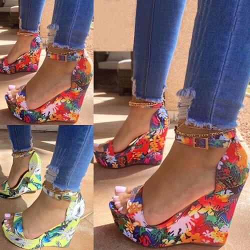 Womens Floral Print Buckle Strap Wedges Weave Beach Open Toe Breathable Sandals Shoes Summer Roman Shoes Sandalias Mujer 2021