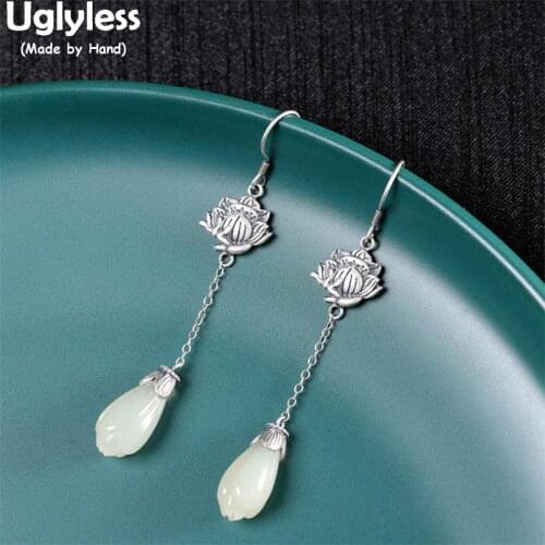 Uglyless Thai Silver Handmade Lotus Earrings Women Natural Jade Magnolia Long Dangle Earrings 925 Silver Floral Brincos Bijoux