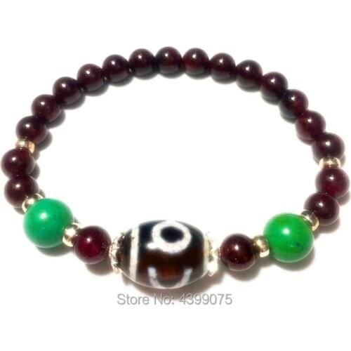 China Tibet Agate DZI Bracelet 13 *20mm Valuable DZI with 7mm Natural garnet Stone Bead Pendant woman`s Bracelet Free Shipping