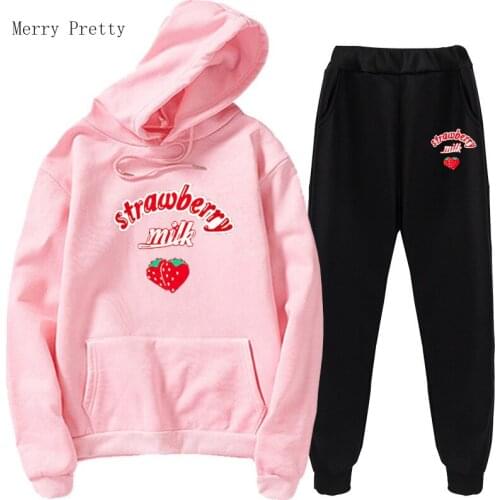 Women Tracksuits Plus Size Two Piece Sets Strawberry Print Hooded Sweaters And Elastici Waist Pants 2021 Winter Sets Clothes