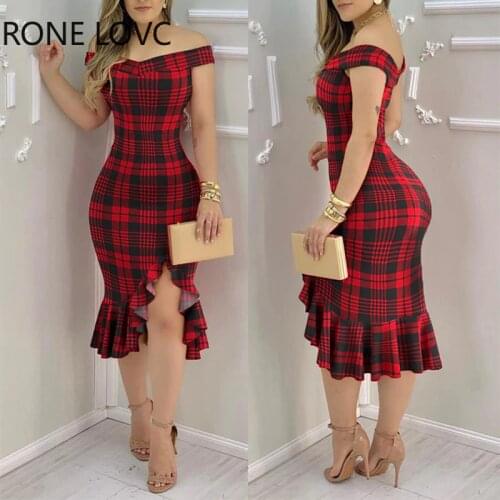 Women Plaid Off Shoulder Ruffle Hem Slit Dress Party Sexy Dress Elegant Fashion Dress