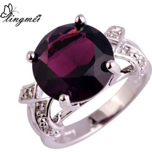 Lingmei Free Shipping Purple Zircon Jewelry Elegant White CZ Silver Color Ring size 6 7 8 9 10 11 12 13 Love Style Wholesale