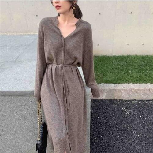 Autumn Winter Korean Long Dress Women Smiple Knitted Dress Vintage Lace Up Sweater Dress Long Sleeve Split Loose Casual B397