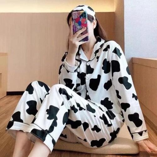 Winter Warm Women Pajamas Sets Cute Cow Print Cartoon Long Sleeve Sleepwear Casual Comforte 2 Piece Set Girl Homewear Sleepwear