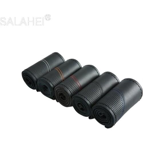 38CM Top Layer Cowhide Soft Genuine Leather Universal Braid Steering Wheel Cover Double Line Hand-stitched With Needle Thread