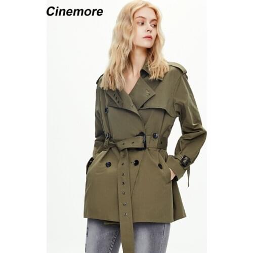 CINEMORE 2021 Women Trench Coat Autumn Spring Classic Double Breasted Short Belt Female Fashion Lapel Collar Jacket Top 82020