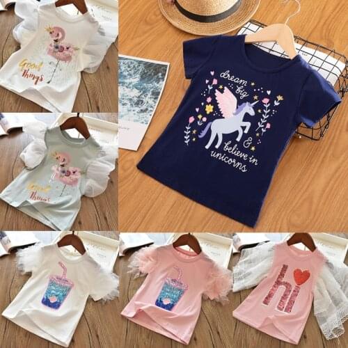 3 4 5 6 7 8 Years Baby Girls T-shirt Summer Kids Unicorn Cotton Tees Children Short Sleeve Unicornio Top Birthday Party Cloth