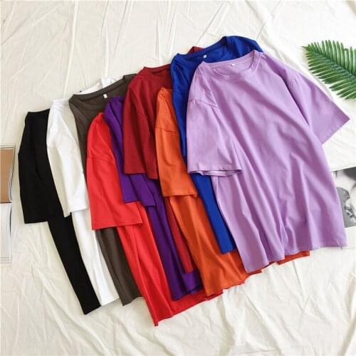 T-shirt Women Short Sleeve Trendy Candy Color Couple Clothing Solid Simple Womens O-Neck T-shirt Korean Girls Tee Leisure Loose
