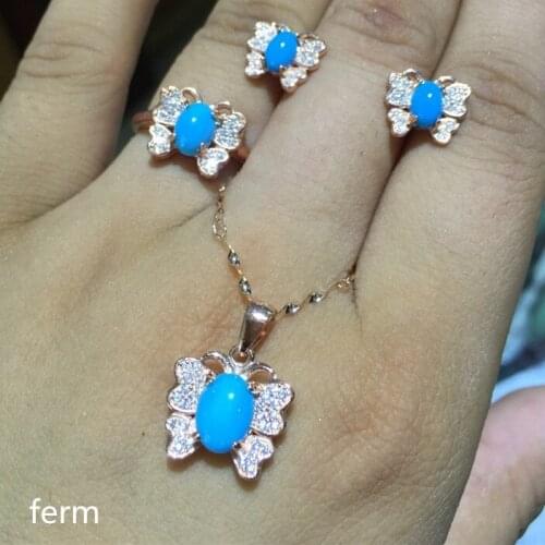 KJJEAXCMY exquisite jewelry 925 pure silver inlaid natural American Turquoise ladies jewelry set rings Pendant Earrings 4 sets