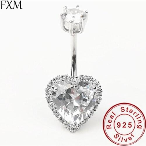 925 silver heart crystal belly button ring navel bar body piercing jewelry for women anti-allergy