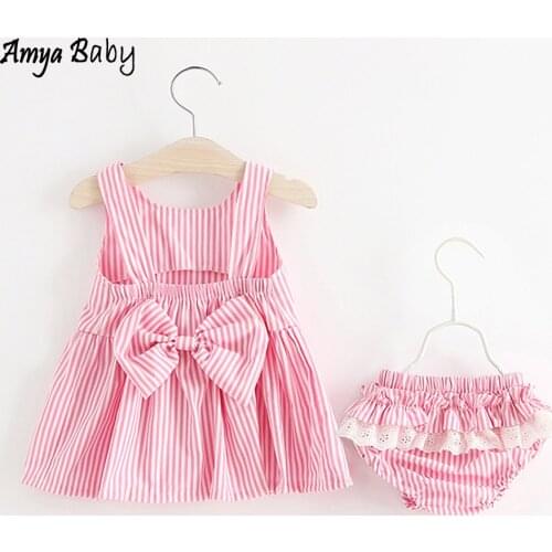 Kids Girls Clothes Outfits Bow Striped Backless Dress + Short Pants 2pcs Infant Clothing 1st Birthday Baby Girl Clothing Sets