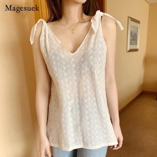 Korean Chic Embroidered V-neck Lace-Up Women Tank Tops Summer Sleeveless White Loose Tanks Camis Vest Hollow Top Female 14367
