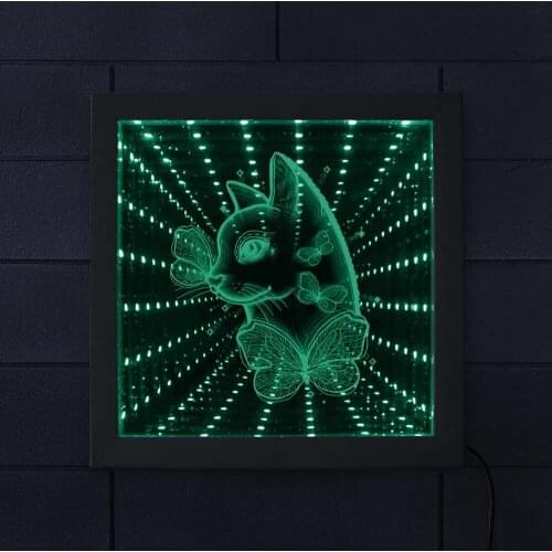 Cat With Butterfly LED Tunnel Lamp Infinity Mirror Night Light Home Decor Atmosphere Light Luminaria 3D Kitty Portrait Wall Lamp