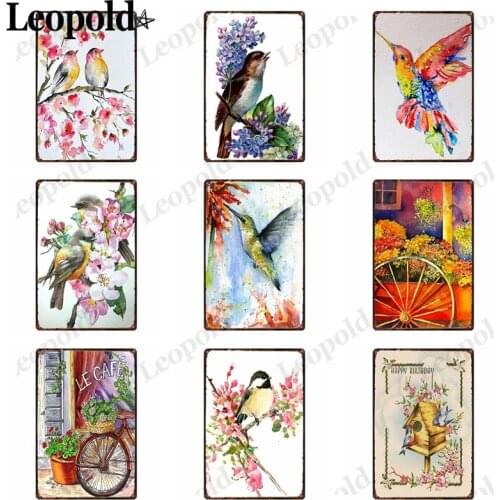 Metal Poster Watercolor Flower and Bird Tin Sign Garden Abstract Plaque Flower Vintage Wall Art Bar Coffee Shop Farm Home Decor