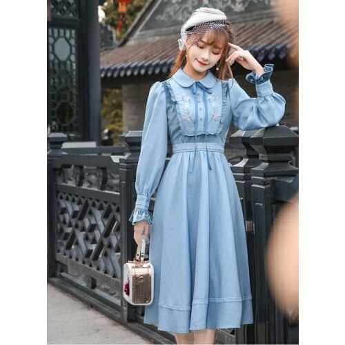 Fashion brand retro ruffles stitching embroidery dress female college style high waist flare sleeve plaid dress wq965 dropship