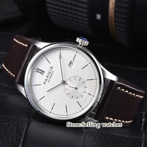 42mm parnis white dial camel strap date ST 1731 automatic mens watch