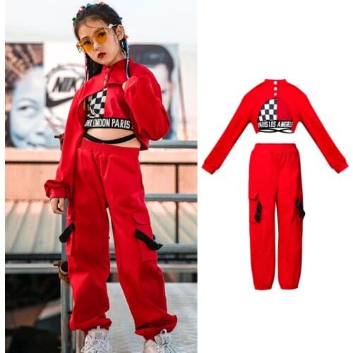 New Children Hip Hop Jazz Dance Costumes Girls Winter Long Sleeve Red Tops Pants Vest Street Dance Drum Stage Costumes
