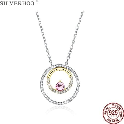 SILVERHOO Sterling Silver 925 Jewelry Double Circle Full Cubic Zircon Pendant Necklaces For Women Pink Austria Crystal Necklace