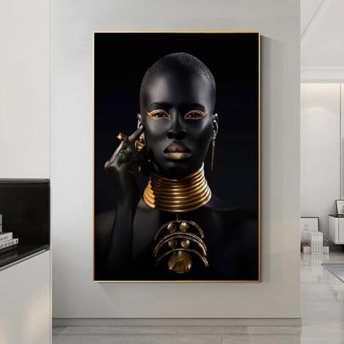 African Black and Gold Woman Poster Wall Art Canvas Painting Black Woman Prints Modern Decorative Pictures for Living Room Decor