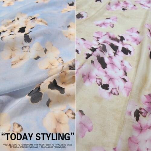 LEO&LIN Creamy Blue Yellow Large Flower Large Wide Real Silk Chiffon 100% Silk Clothing Cloth Fabric DIY patchwork
