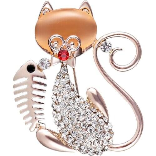 Fashion Lovely Full Rhinestone Cat Brooches For Women Gold Color with Fish Metal Coat Scarf Shirt Brooch Pins Female Wholesale