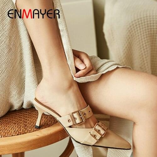 ENMAYER Solid Genuine Leather PU 2020 Summer Women Shoes Synthetic Buckle Thin Heels Fashion Outside Slippers Women Size 34-40