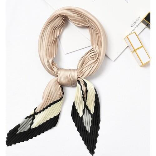 New Women Silk Scarf Square Pleated Bandana Solid Color Foulard Neck Scarf Headband [3990]