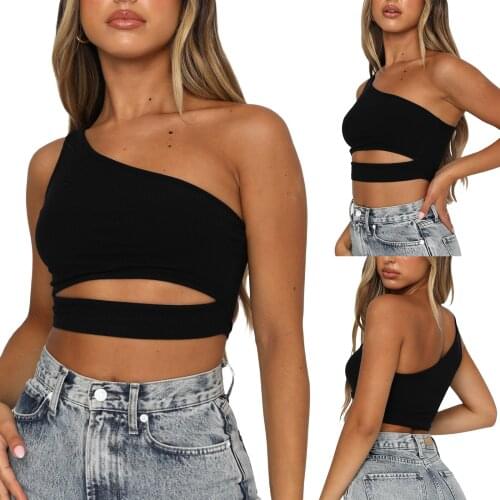 Women Navel Vest with One Shoulder Design Hollow Out Sexy Style Summer Clothing Solid Color Sleeveless One-shoulder Vest
