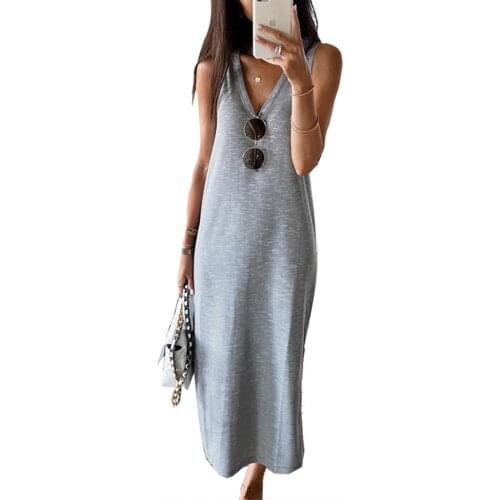 Women Summer Loose Dress, Adults Sleeveless Solid Color V-Neck (Grey, Pink)