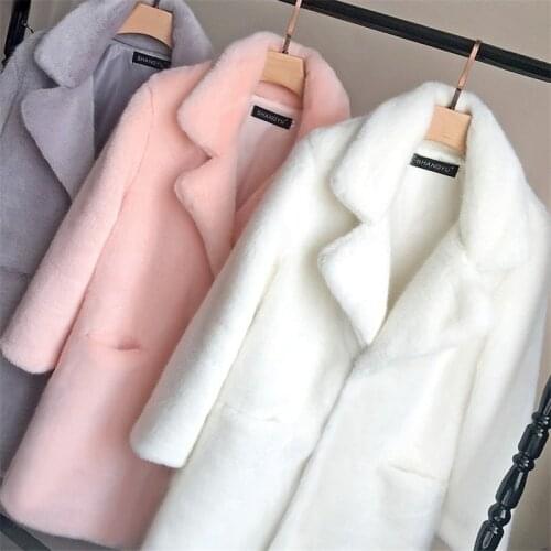Women Mink Faux Fur Coat Solid Female Turn Down Collar Winter Warm Fake Fur Lady Coat Casual Jacket Pink Coats