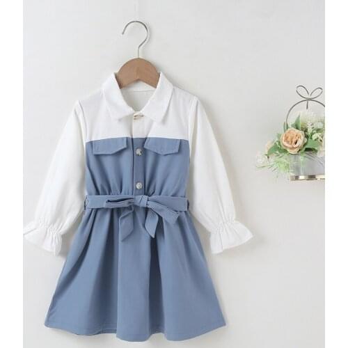 Winter 2021 Girls Dress Girls Cute Dress Long Sleeve Turn-down Collar Patchwork Blue Cute Streetwear Dresses Vestidos 18M-6T