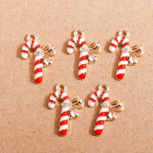 10pcs 15*22mm Alloy Enamel Christmas Bowknot Crutch Charms for Making Earrings Pendants Necklaces Keychain DIY Jewelry Findings