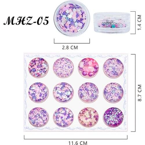 12Pcs Colorful Purple Pink Blue Nail Glitters Set Symphony and colorful series Nail Flake Nail Art Sequins DIY Makeup Decoration