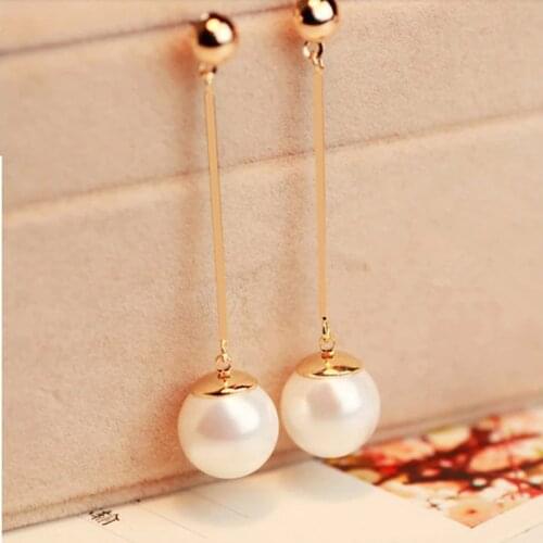 White Simulated Pearl Pendant Golden Long Stick Dangle Earrings Drop Earrings for Women