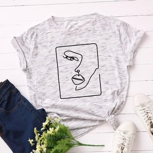 Harajuku Cotton Tshirt Plus Size S-5XL Face Abstract Simple Women T Shirt Casual Funny Loose Lady Tops Girl Basic Tees Ulzzang