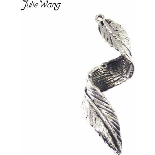 Julie Wang 10PCS Wholesale Antique Silver Color Alloy Pendant Twist Leaf Charms Drop Earring Unique Keychain Jewelry DIY Finding
