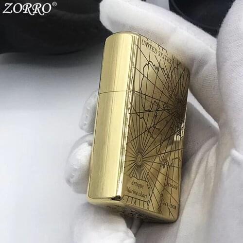 Pure Copper Kerosene Lighter Original ZORRO Fine Carving Classic Compass Pattern Gasoline Lighter Outside Tool Men Gift