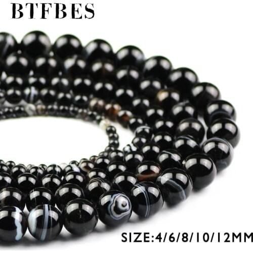 BTFBES Top Quality Black Stripe Banded Carnelian Beads Natural Stone 4/6/8/10/12MM Onyx Round Loose Beads For Jewelry Making DIY