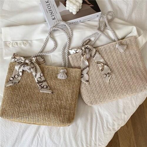 Summer Straw Shoulder Bag Women Handmade Lightweight Tote Purse with Silk Scarf Handbag