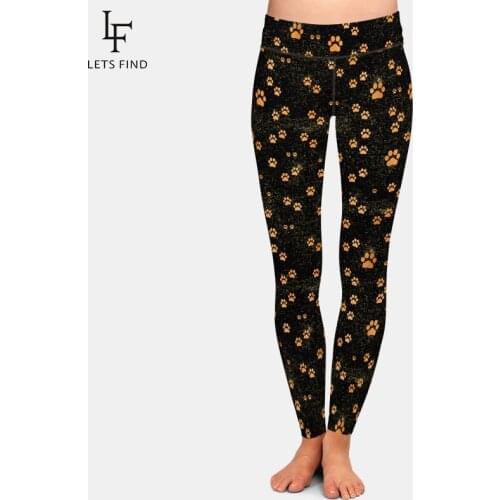 LETSFIND Hot Sales 3D Orange Dog PAWS Print Plus Size Black Leggings High Waist Women Fitness Slim Milk Silk Print Pants