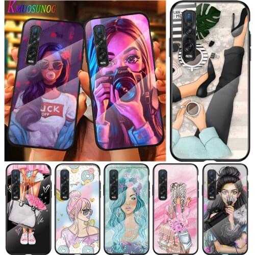Fashion Female Girl For OPPO A9 2020 A52 Find X2 Lite Realme 7 7i C3 XT 6 5 Pro Tempered Glass Cover Phone Case