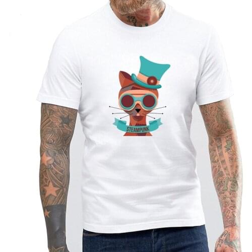 Mens Fashion Summer Funny Hand Drawn Steampunk Cat Design T Shirt Casual Cotton Male Tops Hipster Own Style