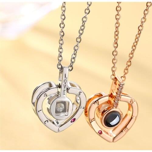 100 Languages I Love You Projection Pendant Necklace Women Rose Gold&Silver Color Romantic Love Heart Memory Wedding Necklace