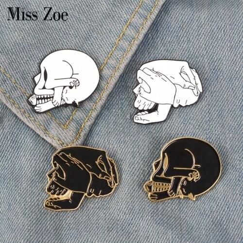 Cat and Fish Bone Hand in hand Enamel Pin Skull Head badge brooch Lapel pin Denim Shirt bag Collar Punk Jewelry Gift for Friends