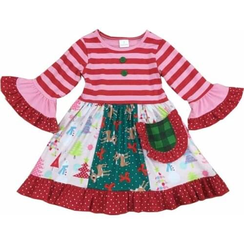 Dropshipping Children New Style Boutique Girls Dress Long Sleeve Baby Christmas Print Pattern Kid Clothes Casual Party Red Dress