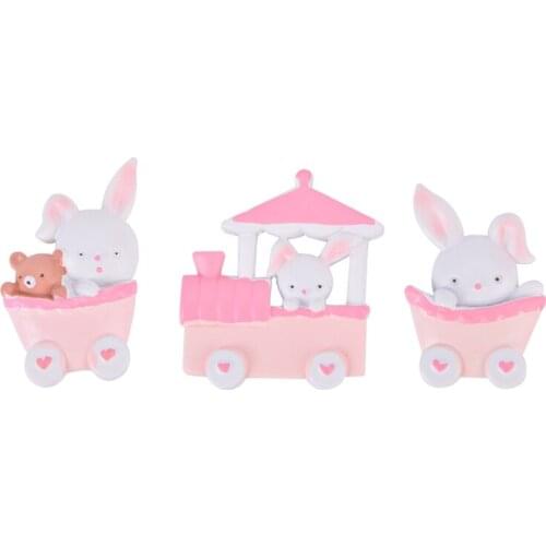 Cake Adornment Resin Pink Cartoon Rabbit Train Ornament Cake Doll Decor for Home